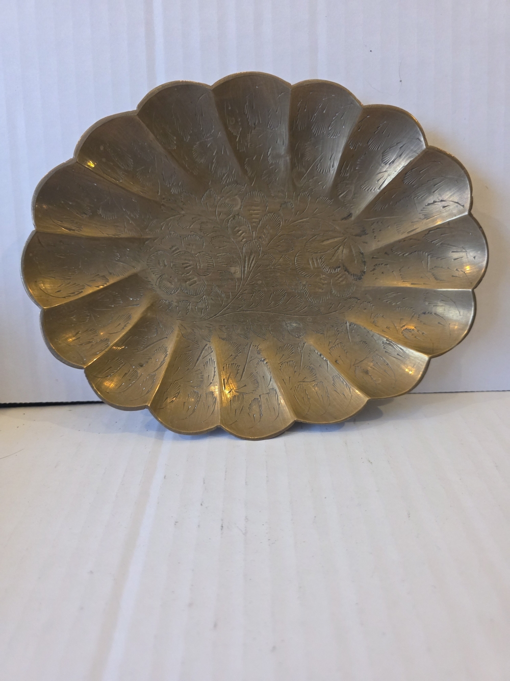 Vintage Decorative Scalloped Brass Tray - Gold Floral Etching